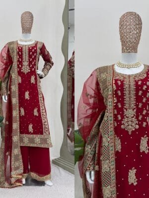 Beautiful Designer Palazzo Suit in Faux Georgette Fabric in Red