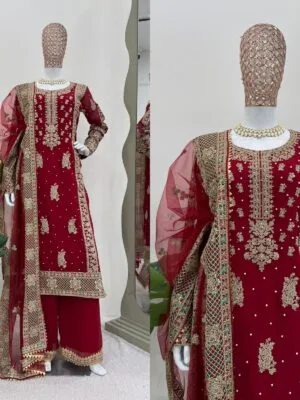 Beautiful Designer Palazzo Suit in Faux Georgette Fabric in Red