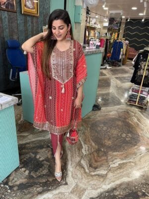 Elegant and Modern Women's Kaftan-Dhoti Set in Red