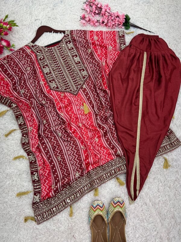 Elegant and Modern Women's Kaftan-Dhoti Set in Red - Image 10