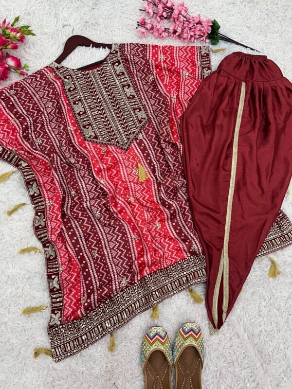 Elegant and Modern Women's Kaftan-Dhoti Set in Red - Image 9