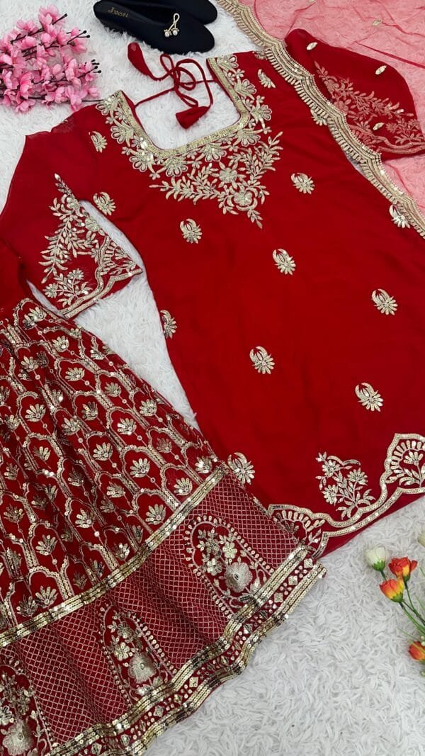 Designer Party Wear Set - Fancy Top, Dupatta, and Fully Stitched Sharara in Red - Image 5