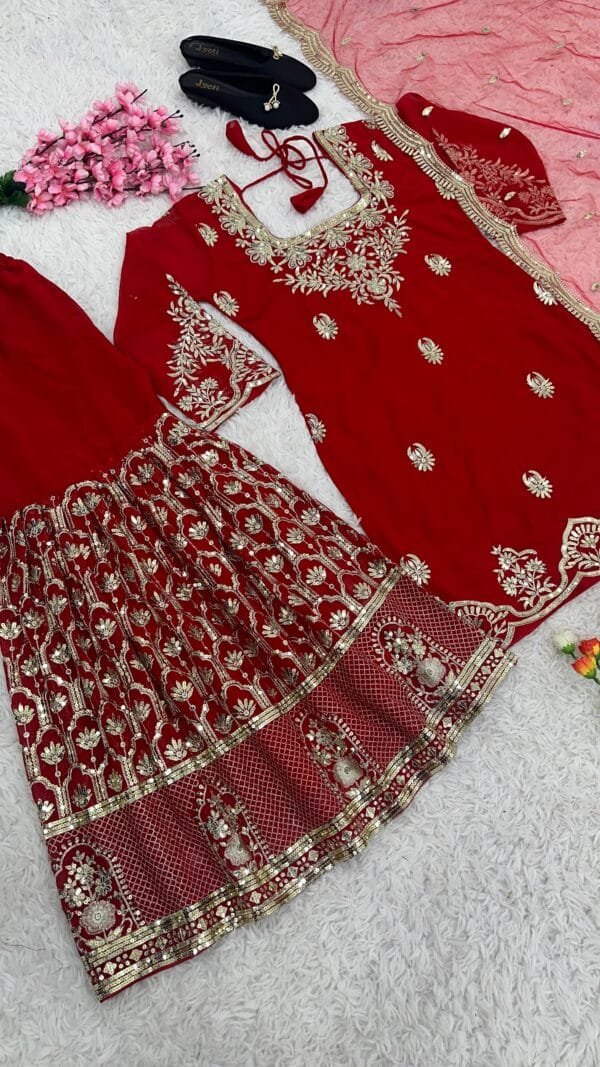 Designer Party Wear Set - Fancy Top, Dupatta, and Fully Stitched Sharara in Red - Image 4