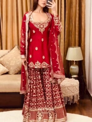 Designer Party Wear Set - Fancy Top, Dupatta, and Fully Stitched Sharara in Red