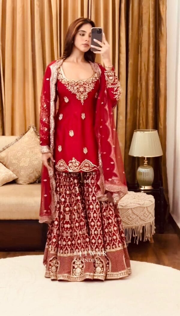 Designer Party Wear Set - Fancy Top, Dupatta, and Fully Stitched Sharara in Red