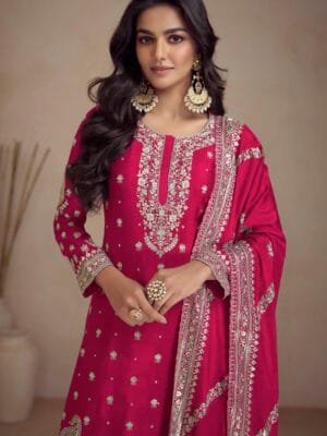Designer Chinon Sharara Suit with Embroidery in Red
