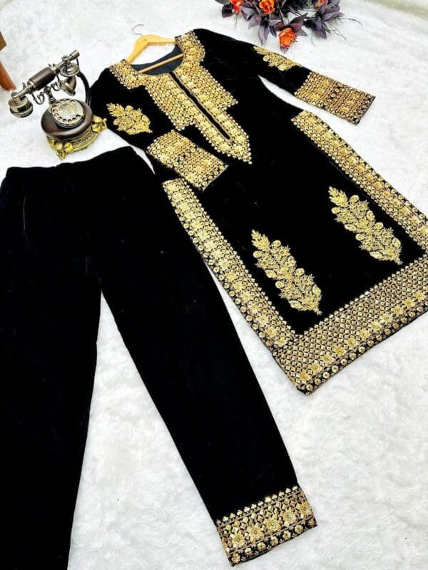 Black Velvet Ensemble with Elegant Embroidery - Image 4