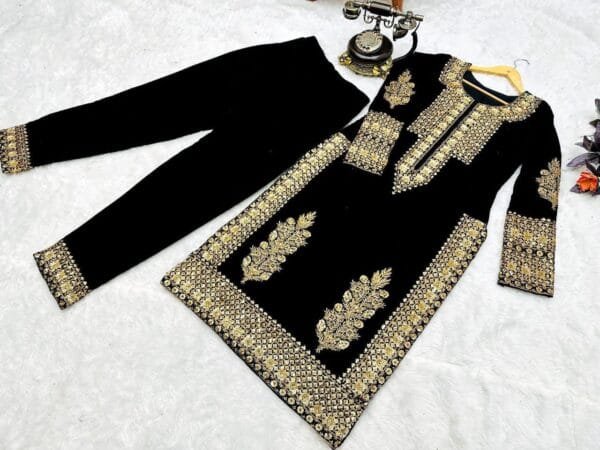 Black Velvet Ensemble with Elegant Embroidery - Image 3