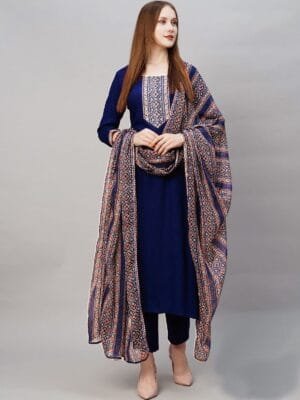 Designer Rayon Women's Kurta, Trouser and Dupatta Set in 3 Colors