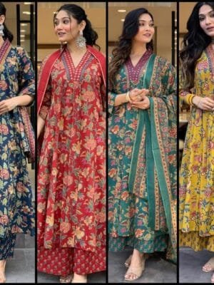 Floral Print Kurti, Pant, and Dupatta Set in 4 Colors