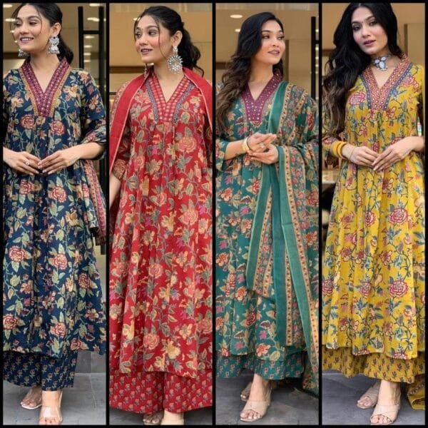 Floral Print Kurti, Pant, and Dupatta Set in 4 Colors