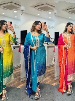 Multicolored Bandhani Print Kurta Suit Set in 3 Colors
