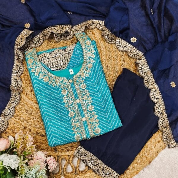 Multicolored Bandhani Print Kurta Suit Set in 3 Colors - Image 5