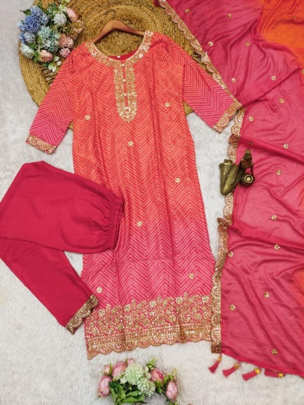 Multicolored Bandhani Print Kurta Suit Set in 3 Colors - Image 7