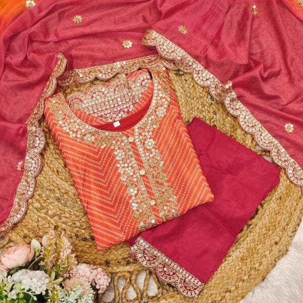 Multicolored Bandhani Print Kurta Suit Set in 3 Colors - Image 9