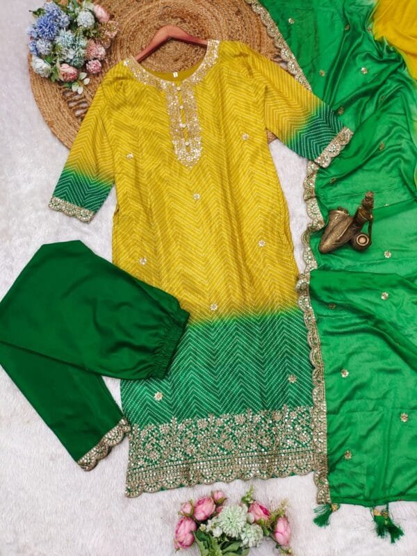 Multicolored Bandhani Print Kurta Suit Set in 3 Colors - Image 11