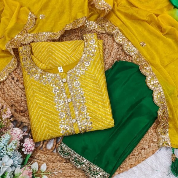 Multicolored Bandhani Print Kurta Suit Set in 3 Colors - Image 13