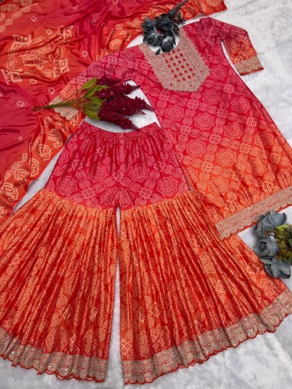 Fancy Bandhej Print Sharara Set with Dupatta - Image 4
