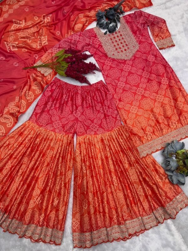 Fancy Bandhej Print Sharara Set with Dupatta - Image 7