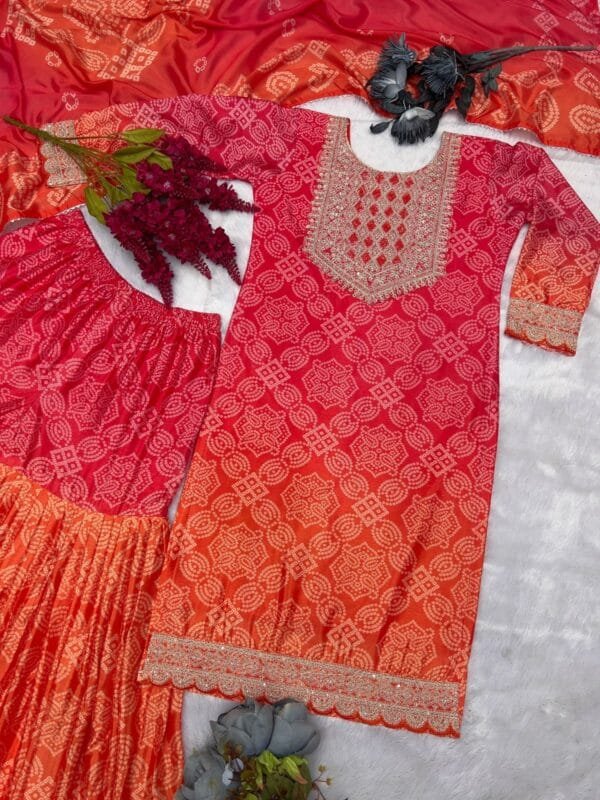 Fancy Bandhej Print Sharara Set with Dupatta - Image 6