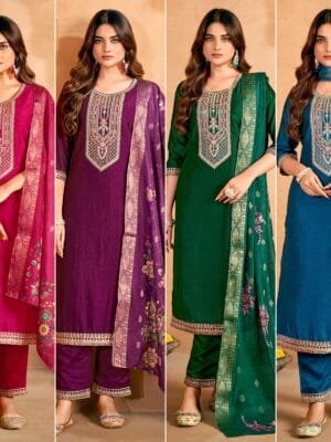 Vichitra Silk Ensemble – Top, Pant, and Dupatta in 4 Colors