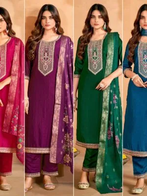 Vichitra Silk Ensemble – Top, Pant, and Dupatta in 4 Colors