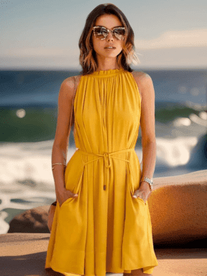 Summer Halter Dresses for Women, Sleeveless, Yellow, High Neck Stretchable A-Line Dress