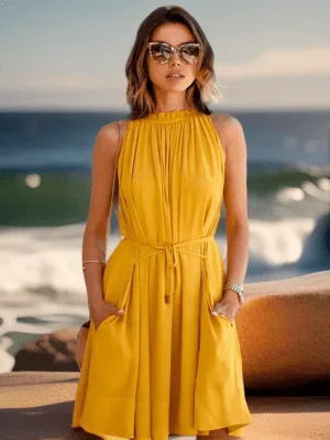 Summer Halter Dresses for Women, Sleeveless, Yellow, High Neck Stretchable  A-Line Dress - Azaayah: Online Shopping for Women's Ethnic Wear