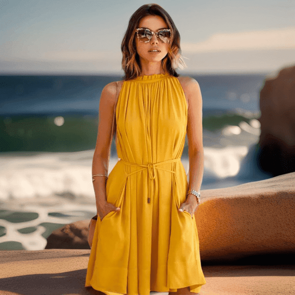 Summer Halter Dresses for Women, Sleeveless, Yellow, High Neck Stretchable A-Line Dress