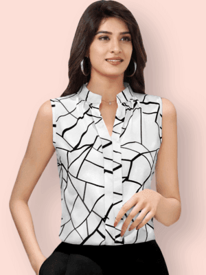 Women's & Girl's Stylish Sleeveless Top - Ruby Blended Cotton with Designer Neck and Attractive Print (Small, White)