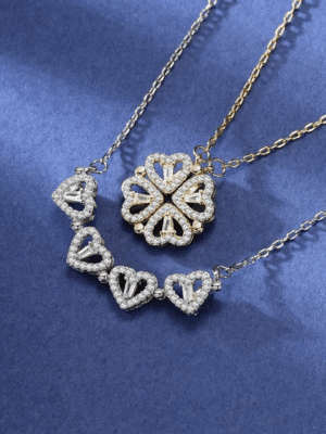 Azaayah Radiant Clover Heart Pendant Necklace with Sparkling Crystals, 2 in 1 Magnetic, for Women