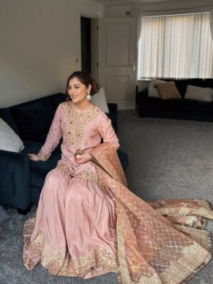 Pink Chinon Silk Sequin Embroidered Kurti & Sharara Set