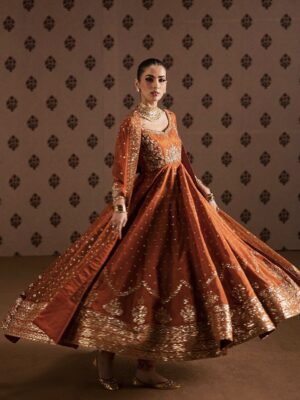 Rust Rangoli Silk Sequin Embroidered Anarkali Gown Set with Pant & Dupatta