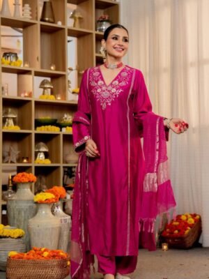Magenta Satori Silk Embroidered Kurta Set with Banarasi Dupatta
