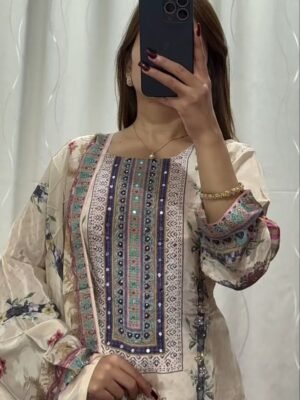Cream Pure Silk Embroidered Kurta Set With Pant And Dupatta