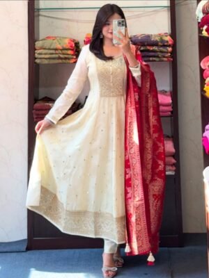 White Banana Silk Golden Zari Anarkali Flared Kurti Set