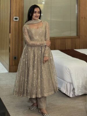 Gold Fendi Crush Sequin Embroidered Anarkali Gown Set